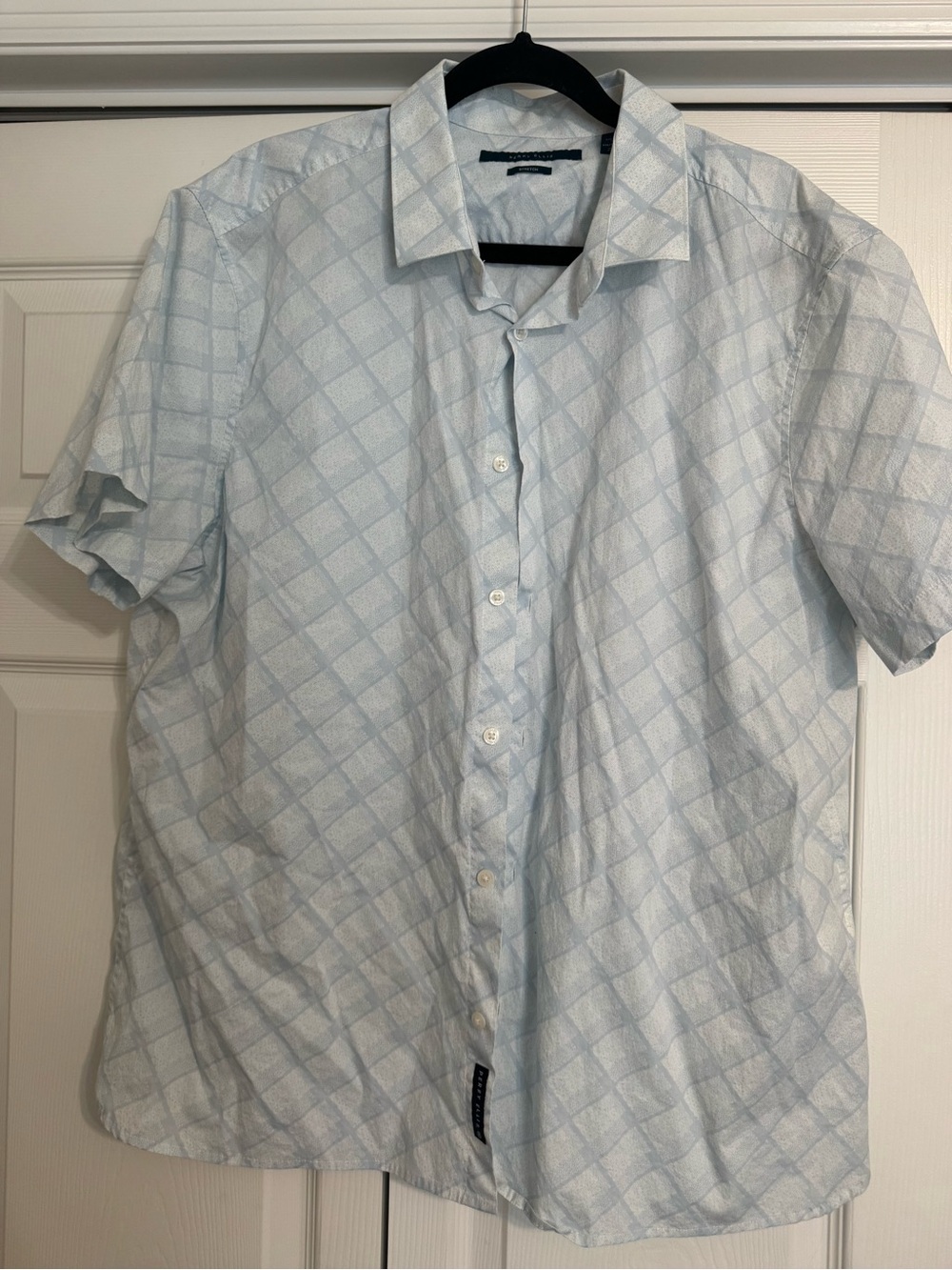 Perry Ellis Light Blue Windowpane Short Sleeve Button-Up